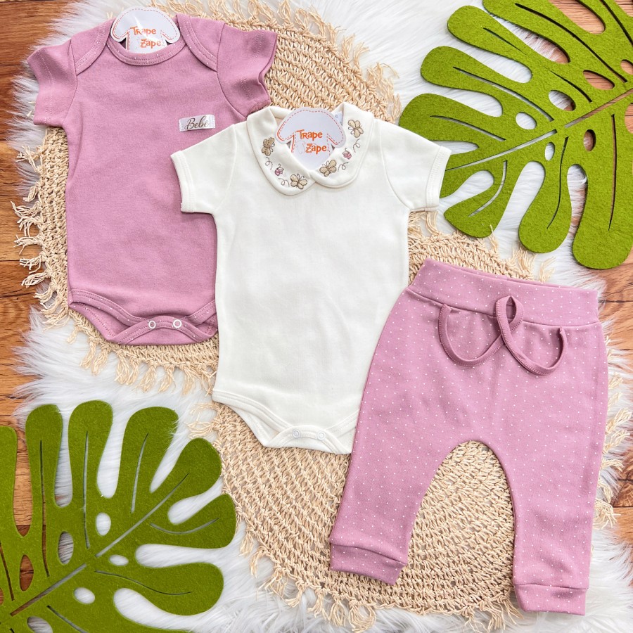 Conj. de Malha 3 peças- Gola Bordada com Borboletas - Off White e Uva